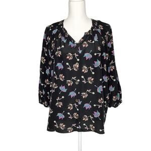 Tucker The Classic Blouse Black Silk Leaf Print Button Up 3/4 Sleeve Top Large